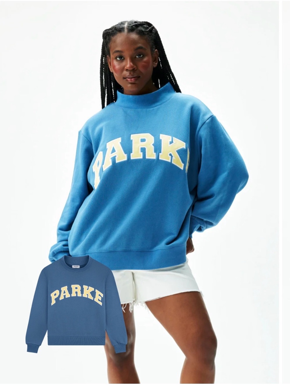 NEW Parke Heritage Varsity Mock neck Washed Indigo and Peel Sweatshirt Size S/M.